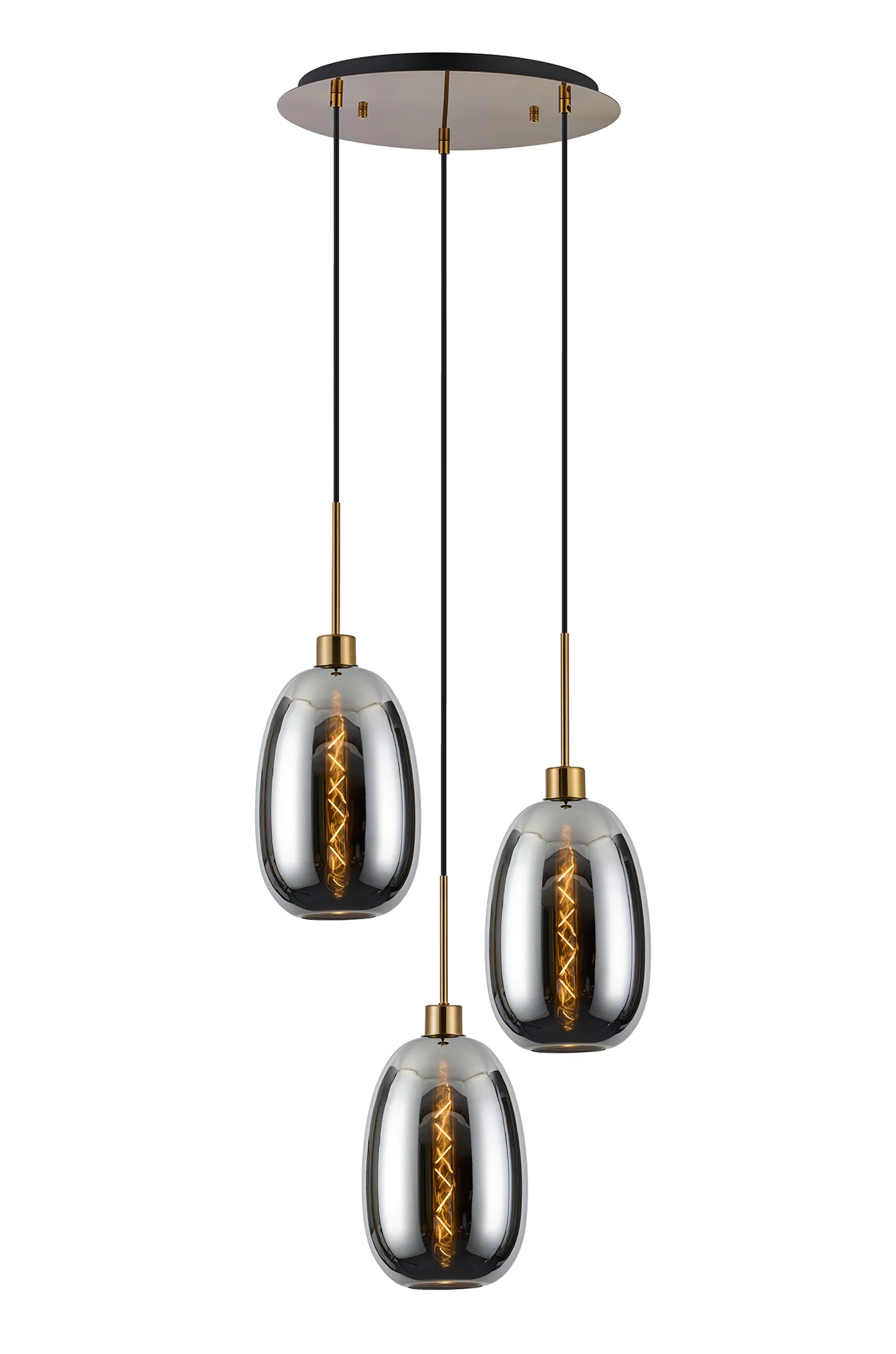 Lori 40cm Round Pendant, 3 Light Adjustable E27, Antique Gold/Chrome Slim Curved Trapezium Shades DK1174  Deco Lori Antique Gold